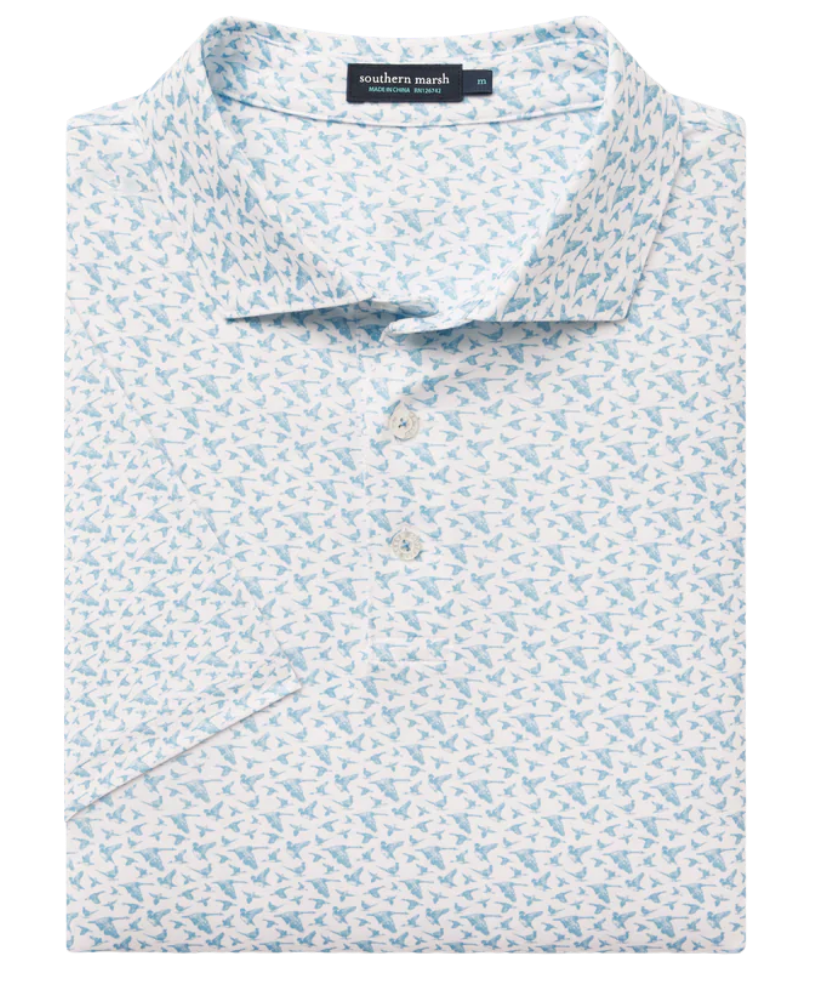 Folded polo shirt with a subtle waterfowl pattern on a white background