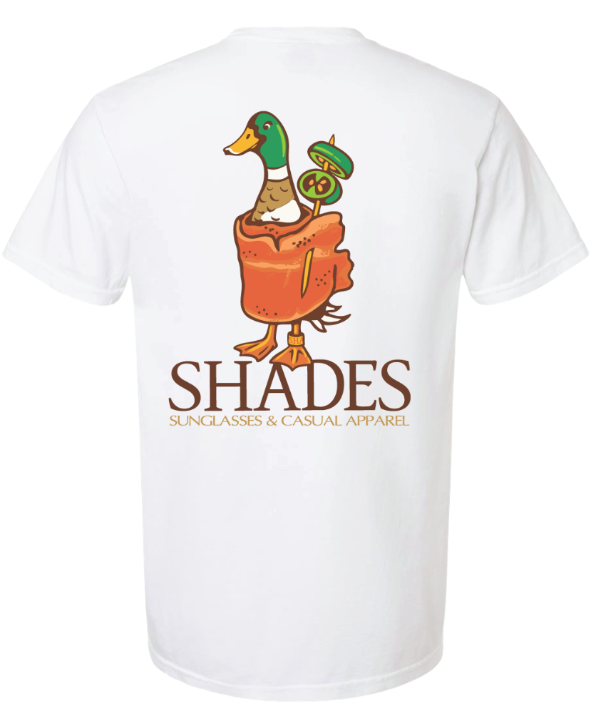 White t-shirt with a duck graphic and 'SHADES' branding on a white background