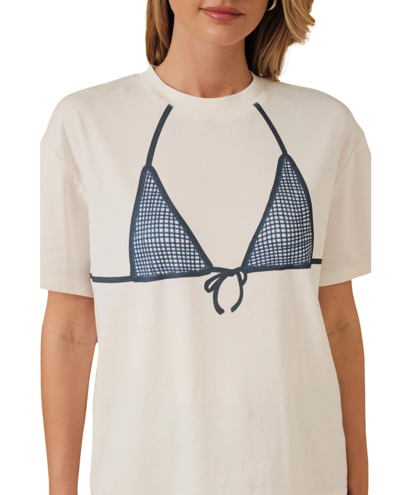 White t-shirt with navy blue bikini design worn by a person