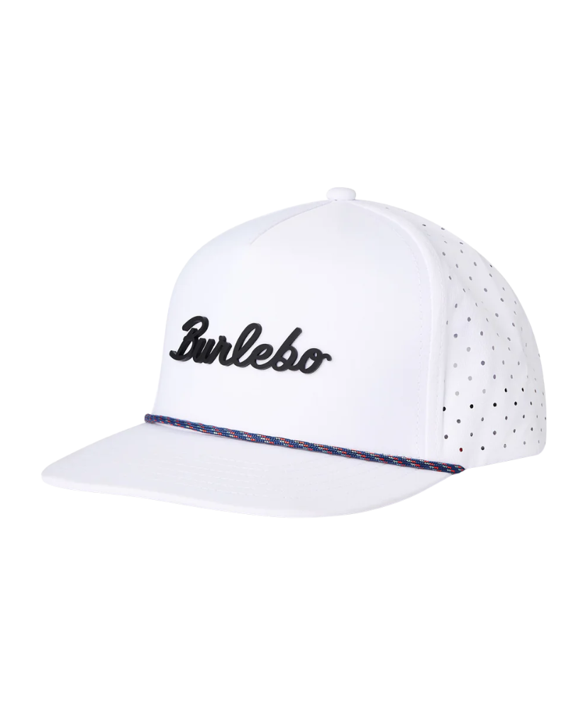 White cap with 'Burlebo' branding on a white background