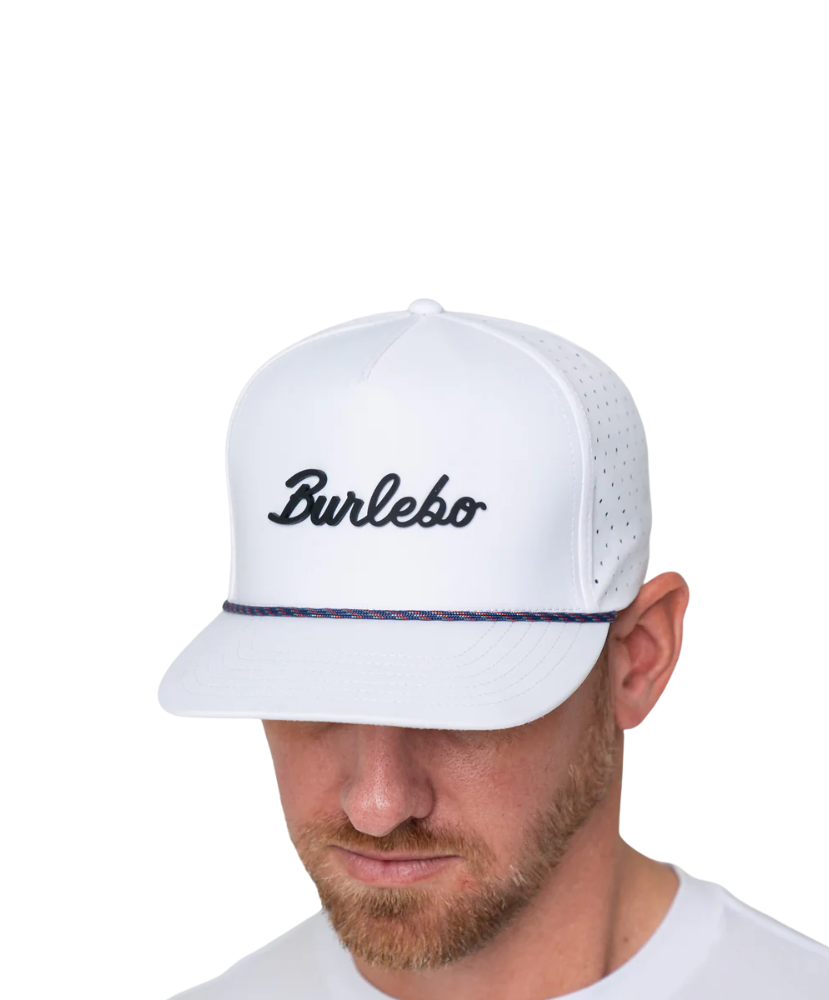 White cap with 'Burlebo' logo worn by a person on a white background