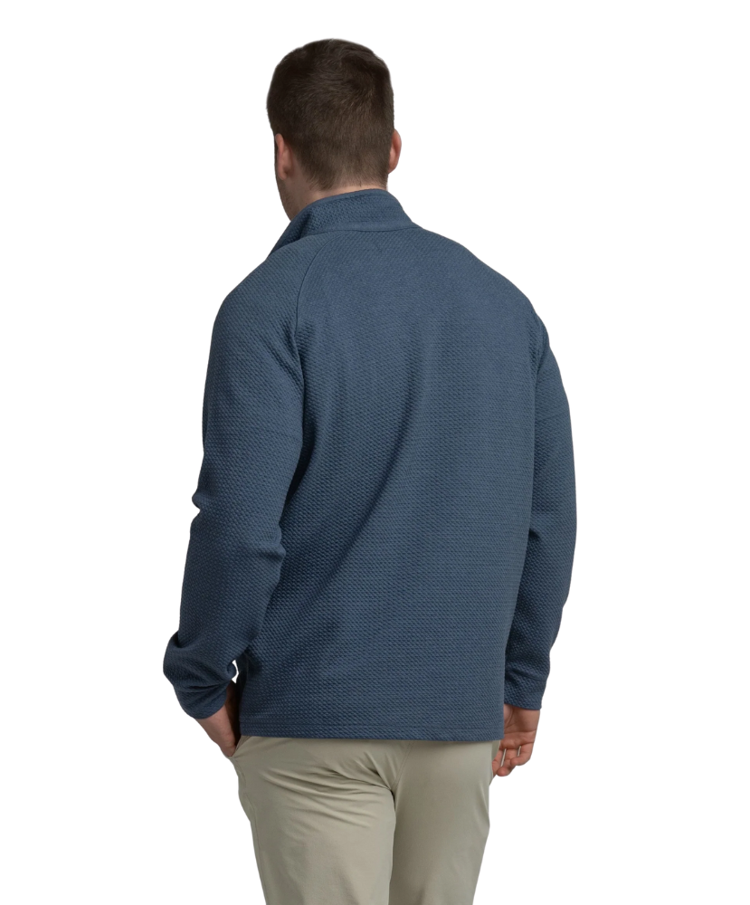 Man wearing a textured blue quater-zip on a white background