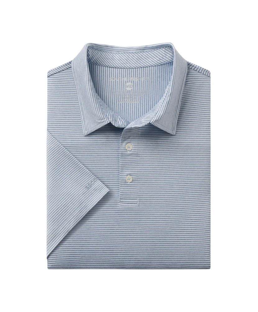 Folded blue and white striped polo shirt on a white background