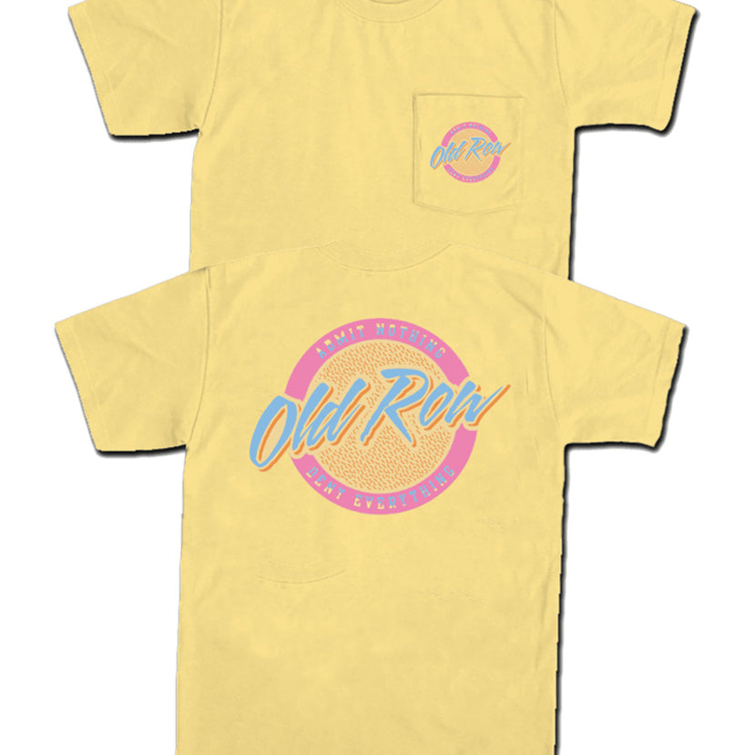 A yellow colored t-shirt with a pocket on the chest and a logo printed on the front that reads 'Old Row' with a circular design element.