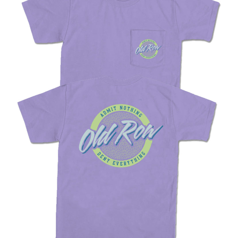 A green colored t-shirt with a pocket on the chest and a logo printed on the front that reads 'Old Row' with a circular design element.