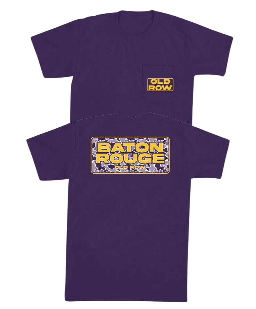 Purple t-shirt with 'Old Row' and 'Baton Rouge' text on a white background