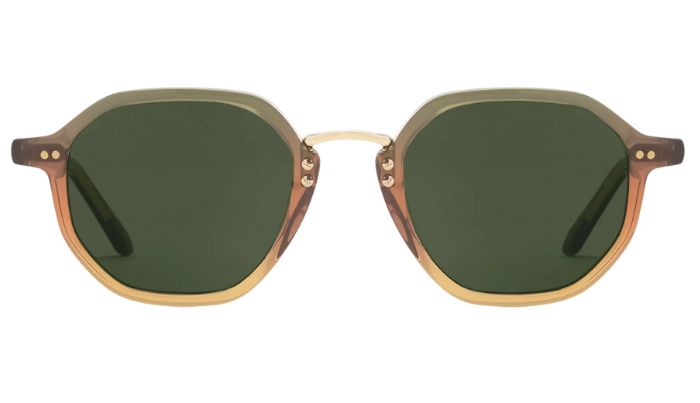 Krewe Sunglasses with gold frame and green lenses on a white background