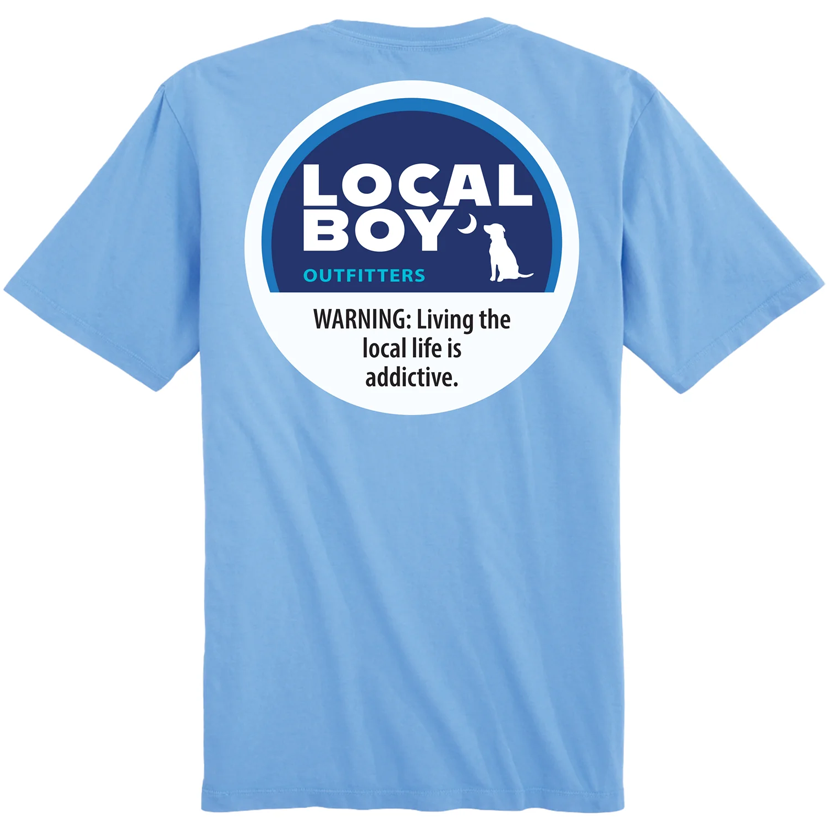 A blue t-shirt with the 'Local Boy Outfitters' logo and text on the back.