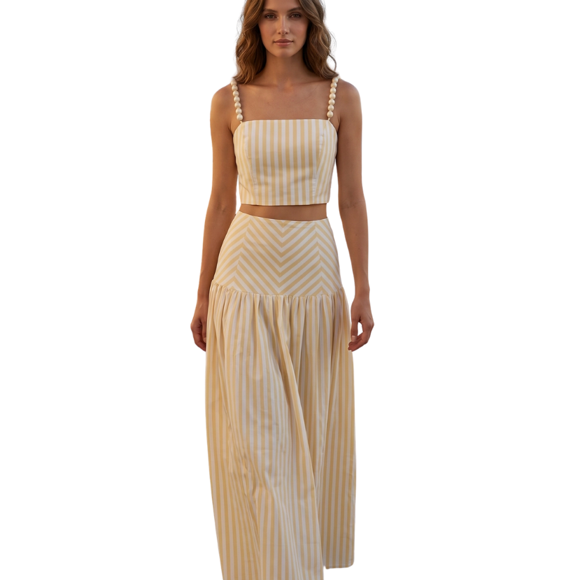 Bobbie Striped Crop Top & Maxi Skirt Set with Ball Shoulder Strap
