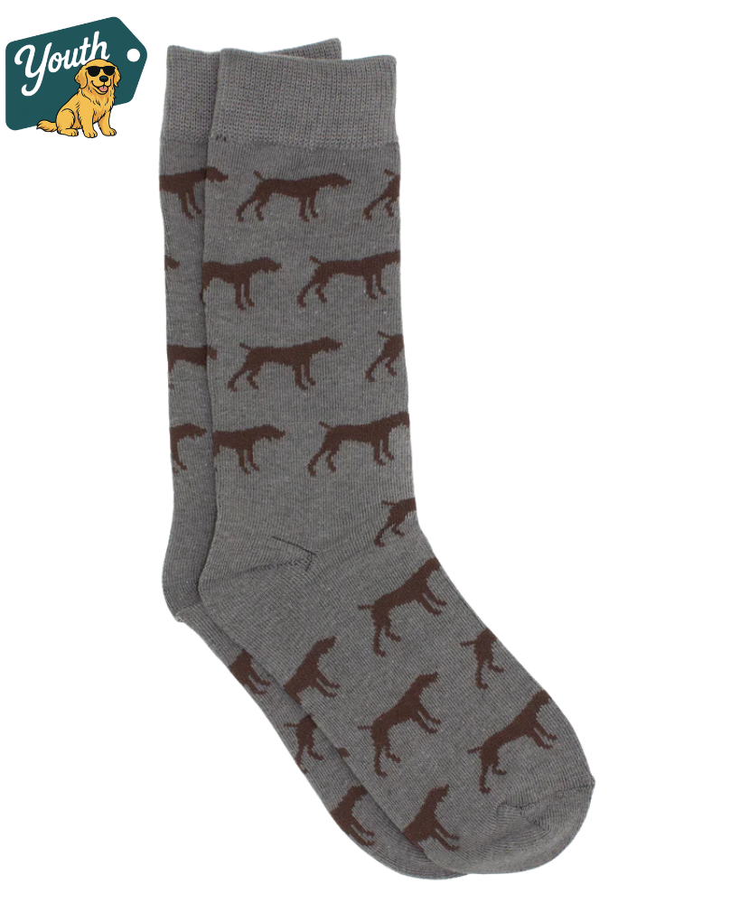 YOUTH Gray socks with brown dog pattern on a white background, featuring 'Youth' brand logo.