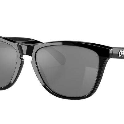 Oakley sunglasses with a glossy black acetate frame and dark gray lenses, shown from a three-quarters angle on a white background.