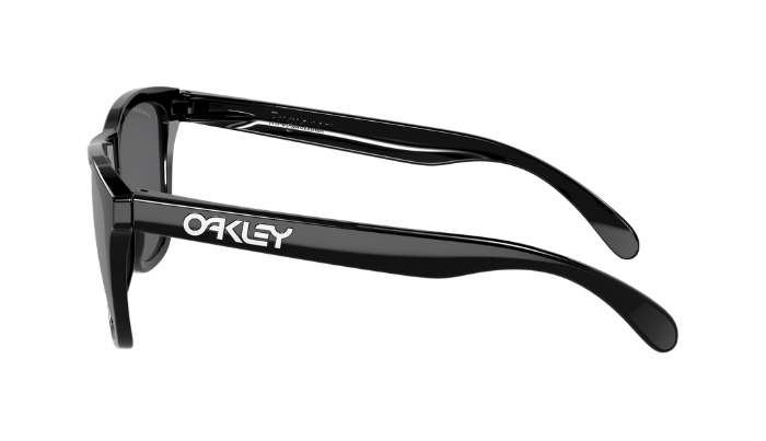 Oakley sunglasses in a glossy black acetate frame with dark lenses, shown from a side profile view against a plain white background.