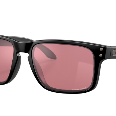 Oakley Sunglasses with black frame and pink lenses on a white background