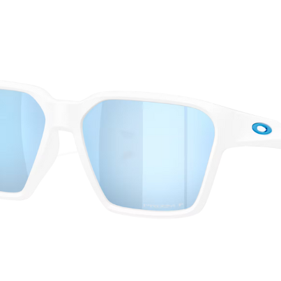 White Oakley Briza Sunglasses with blue mirrored lenses on a white background
