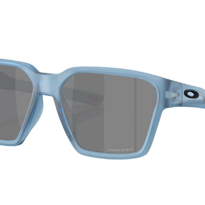 Sunglasses with light blue frame and dark lenses on a white background