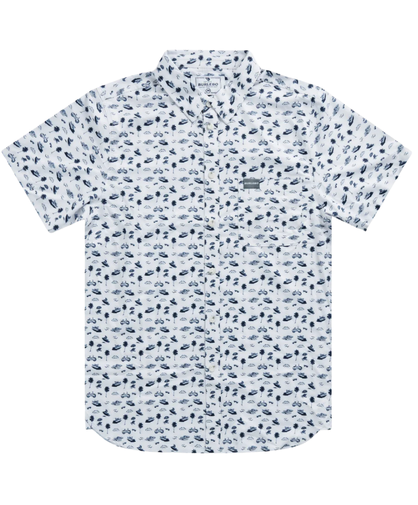 A Burlebo white short-sleeve button down shirt with a blue coastal pattern on a white background