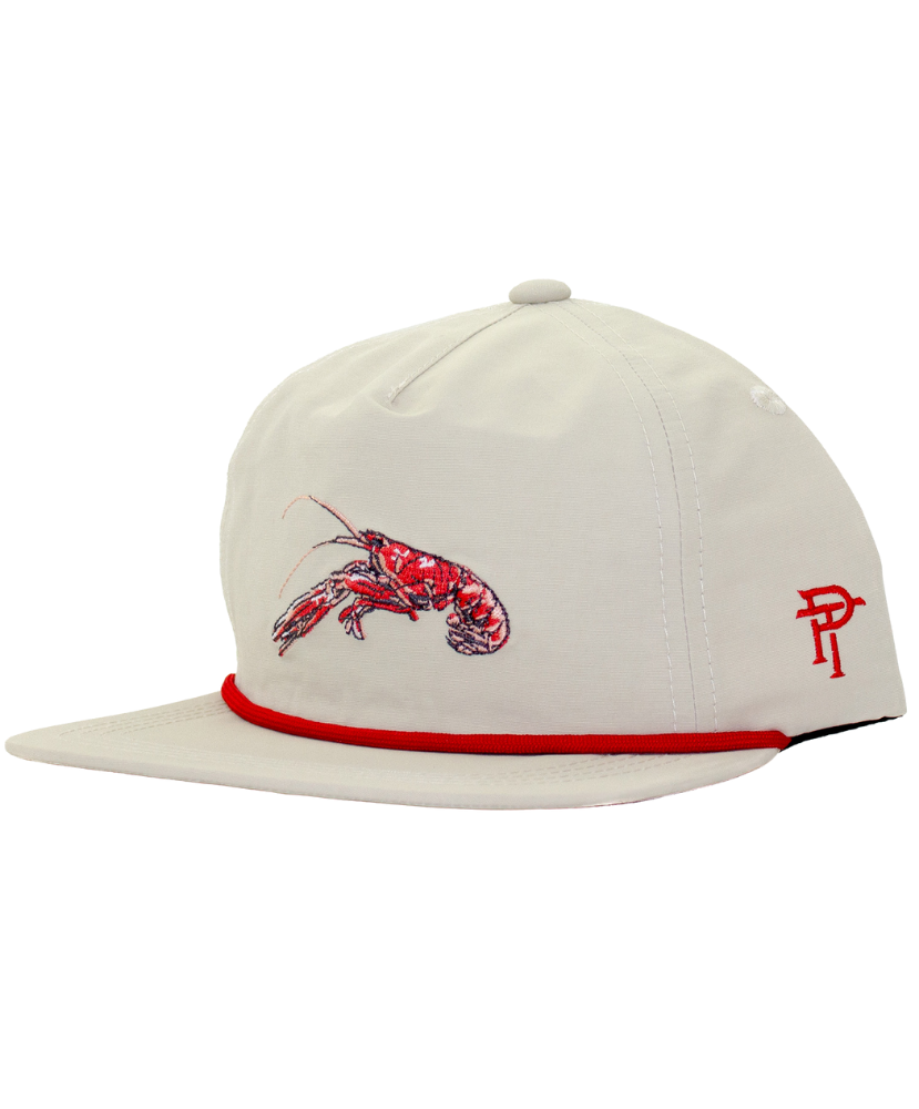 White cap with red accents and a crawfish design on a white background