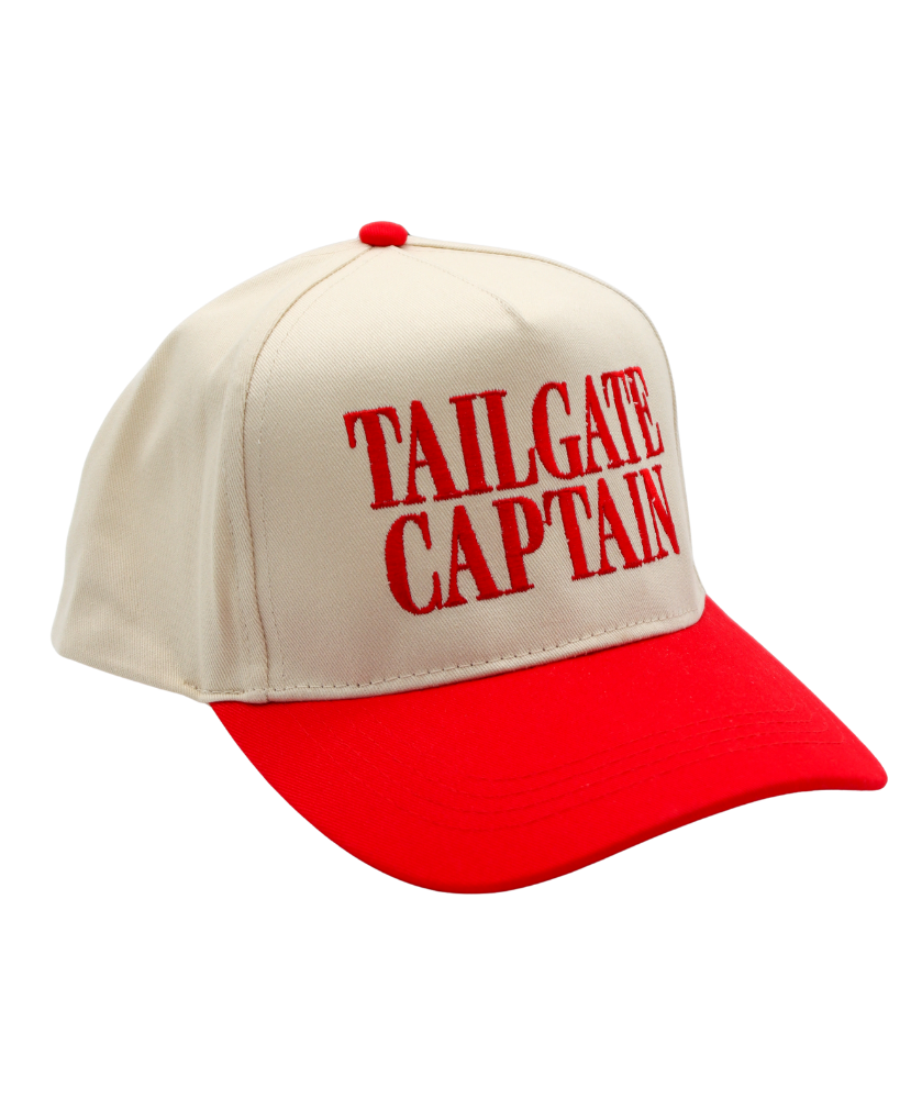 Beige and red cap with 'TAILGATE CAPTAIN' text on a white background