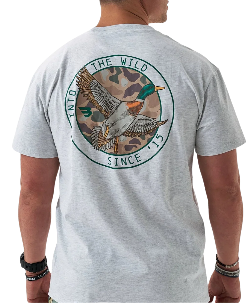 Gray Burlebo t-shirt with a mallard duck graphic and text on the back, worn by a person.