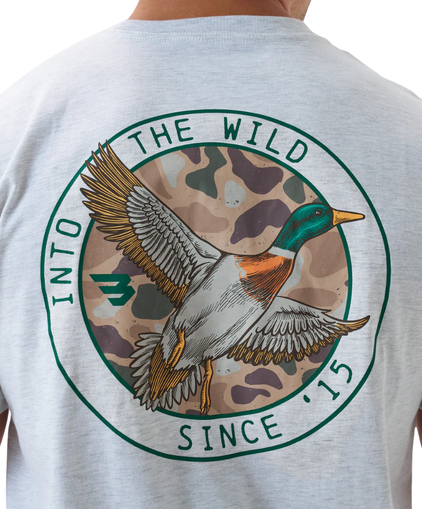 Gray Burlebo t-shirt with a mallard duck graphic and text on the back, worn by a person.