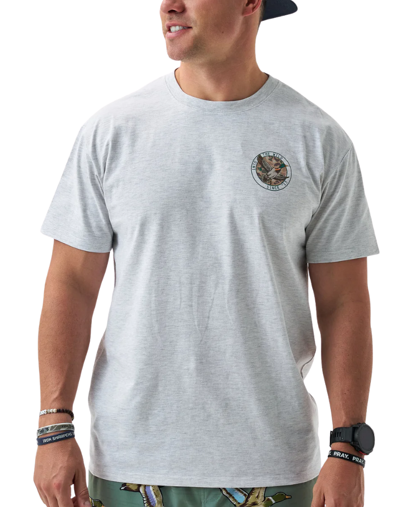 Gray Burlebo t-shirt with a mallard duck graphic and text on the back, worn by a person.