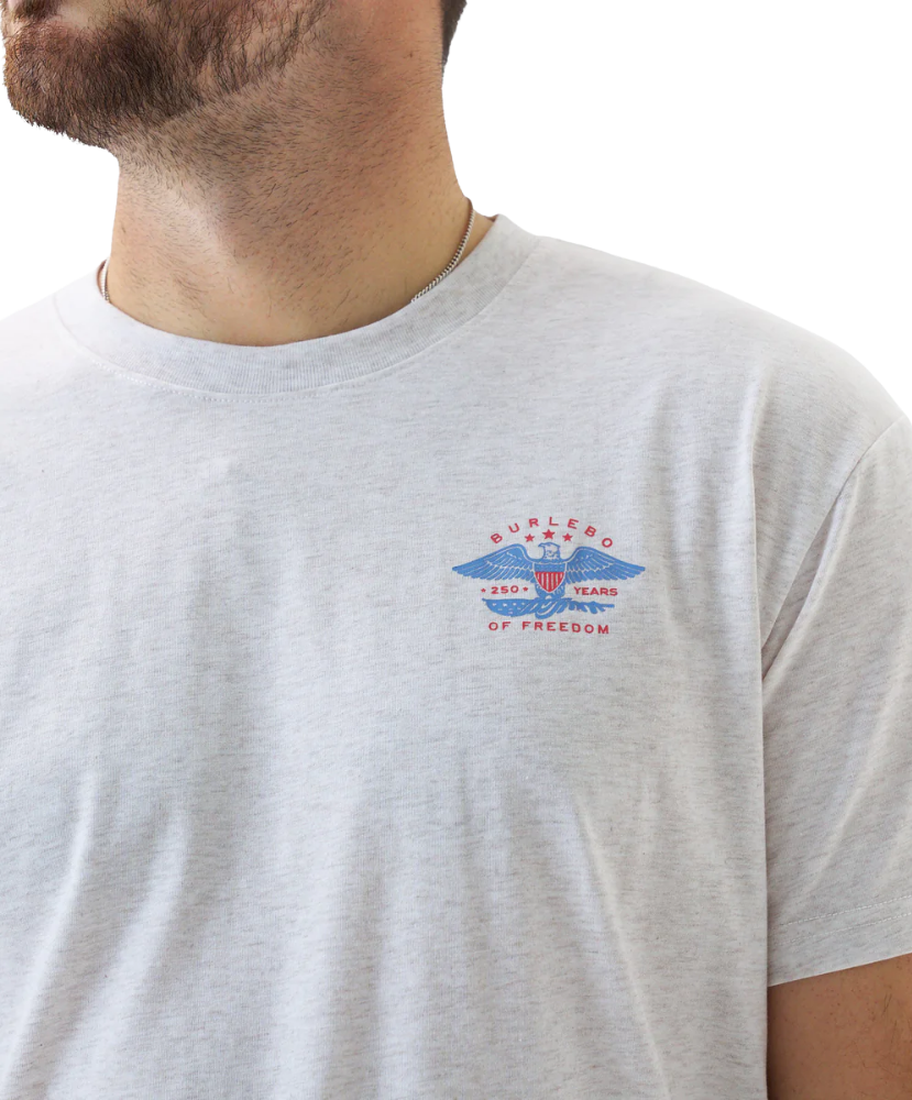 Gray t-shirt with a logo on the chest against a white background