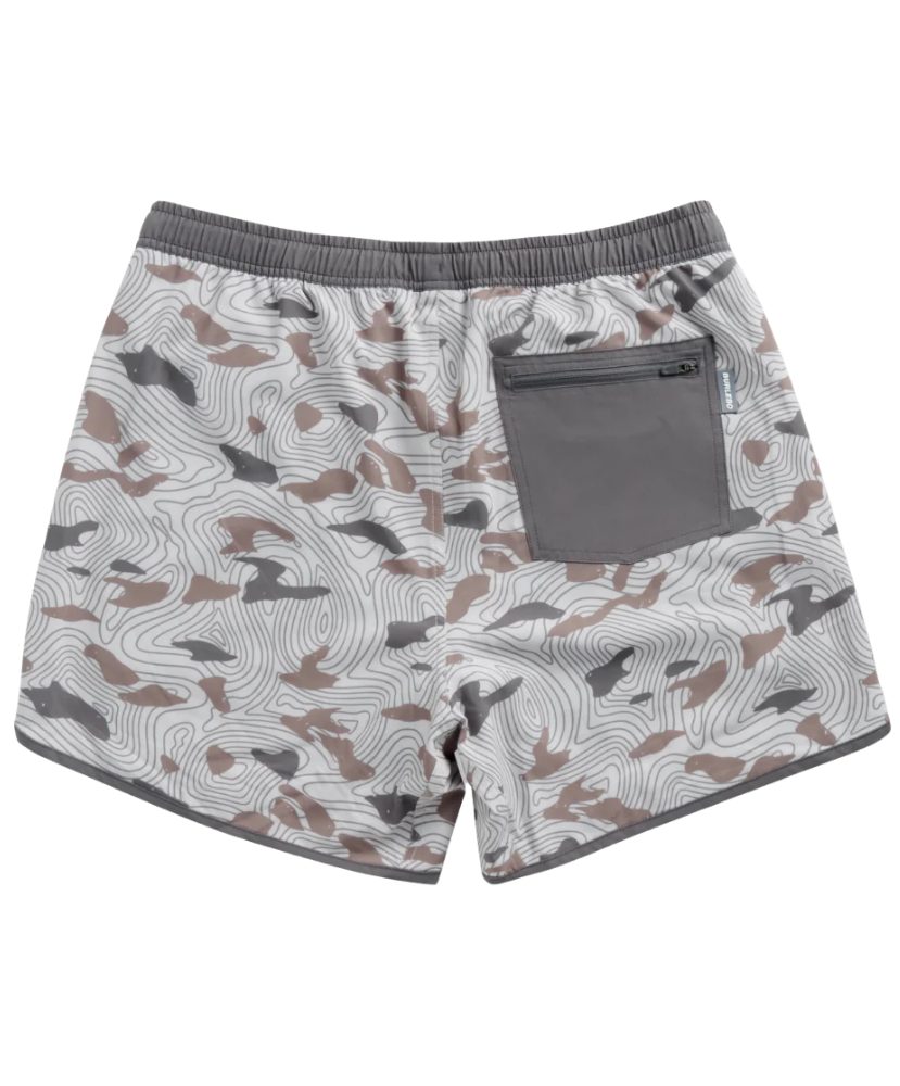 Person wearing camouflage swim shorts on a white background