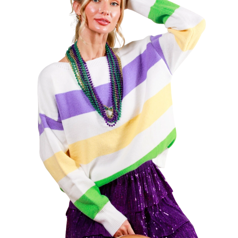 Mardi Gras Color Block Boat Neck Knitted Sweater