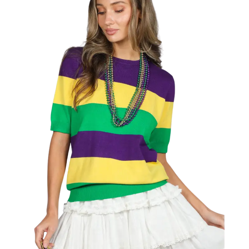 Mardi Gras Short Sleeve Color Block Sweater