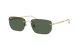 Gold-framed sunglasses with green lenses on a white background