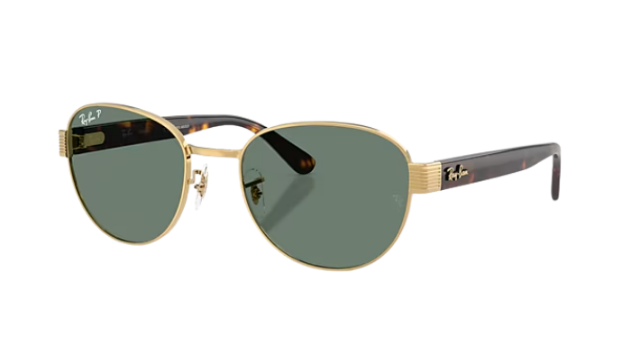 Gold-framed Ray-Ban sunglasses with green lenses on a white background