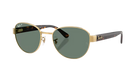 Gold-framed Ray-Ban sunglasses with green lenses on a white background