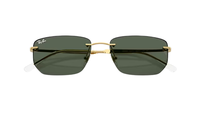 Gold-framed sunglasses with green lenses on a white background