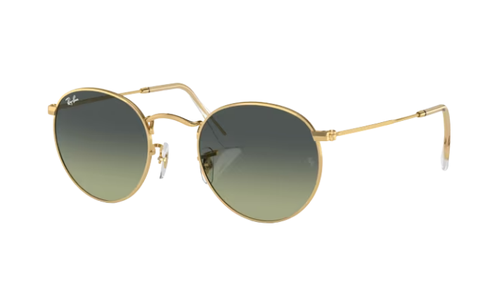 Gold-framed Ray-Ban sunglasses with green gradient lenses on a white background