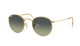 Gold-framed Ray-Ban sunglasses with green gradient lenses on a white background