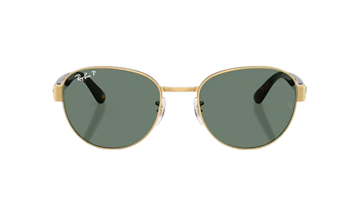 Gold-framed Ray-Ban sunglasses with green lenses on a white background