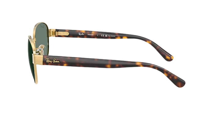 Gold-framed Ray-Ban sunglasses with green lenses on a white background