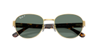 Gold-framed Ray-Ban sunglasses with green lenses on a white background