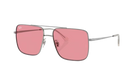Sunglasses with pink lenses and silver frame on a white background