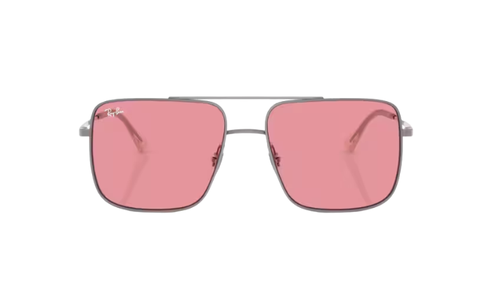 RAYBAN Sunglasses with pink lenses and silver frame on a white background