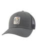 A dark gray trucker hat with a curved brim, featuring a front patch logo that reads 'HUK' and a mesh back.