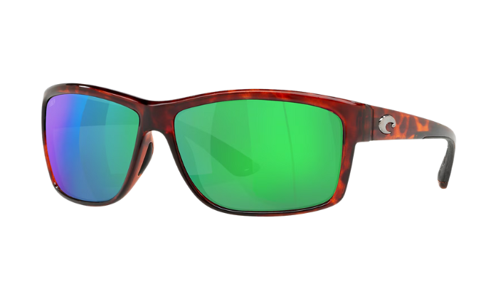Costa Sunglasses with tortoise frame and green lenses on a white background