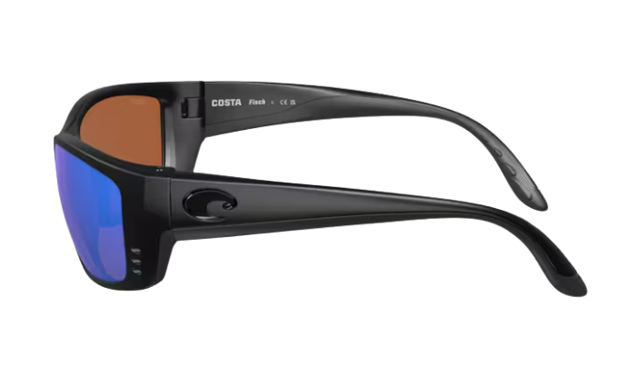 Black sunglasses with brown and blue lenses on a white background