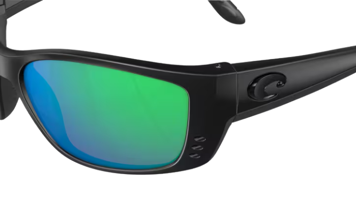 Costa Black sunglasses with green-tinted lenses on a white background