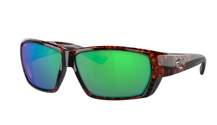 Costa Sunglasses with tortoiseshell frame and green mirror lenses on a white background