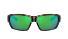 Costa Sunglasses with tortoiseshell frame and green mirror lenses on a white background
