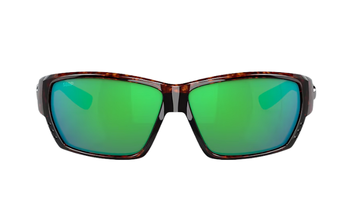 Costa Sunglasses with tortoiseshell frame and green mirror lenses on a white background