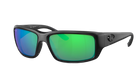 Black Costa wraparound Sunglasses with green mirror lenses on a white background