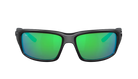 Black Costa wraparound Sunglasses with green mirror lenses on a white background