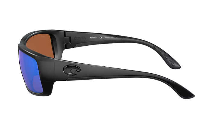 Black Costa wraparound Sunglasses with green mirror lenses on a white background